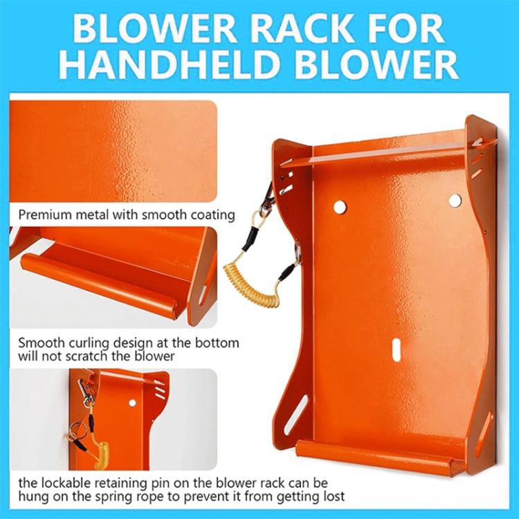 Orange wall blower rack with smooth-coated shelf and side mounting brackets