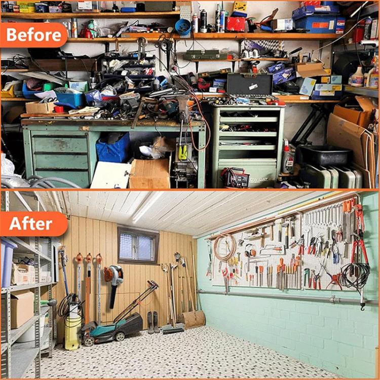 Wall-mounted orange blower rack on a garage tool wall