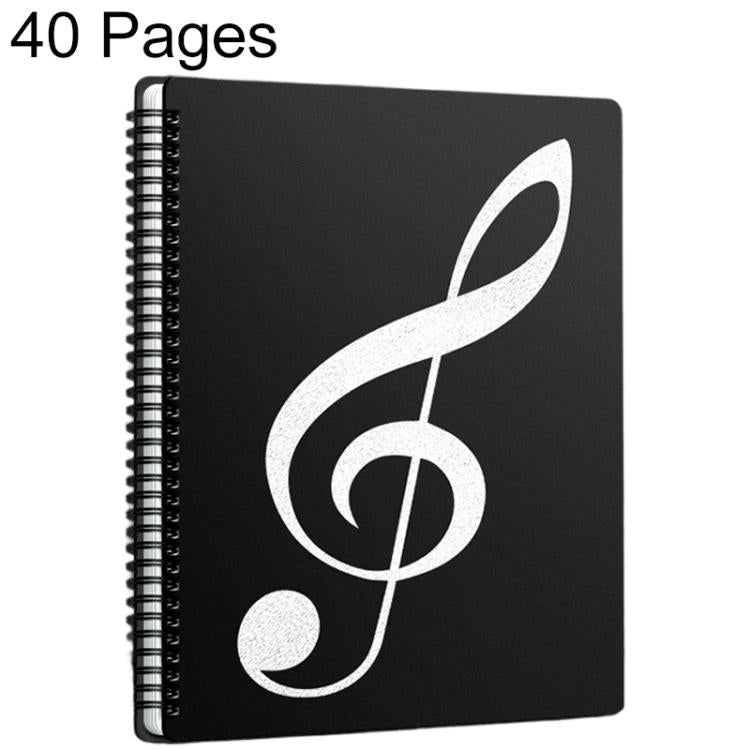 Black expandable music sheet binder folder with spiral binding and treble clef cover, 40 pages