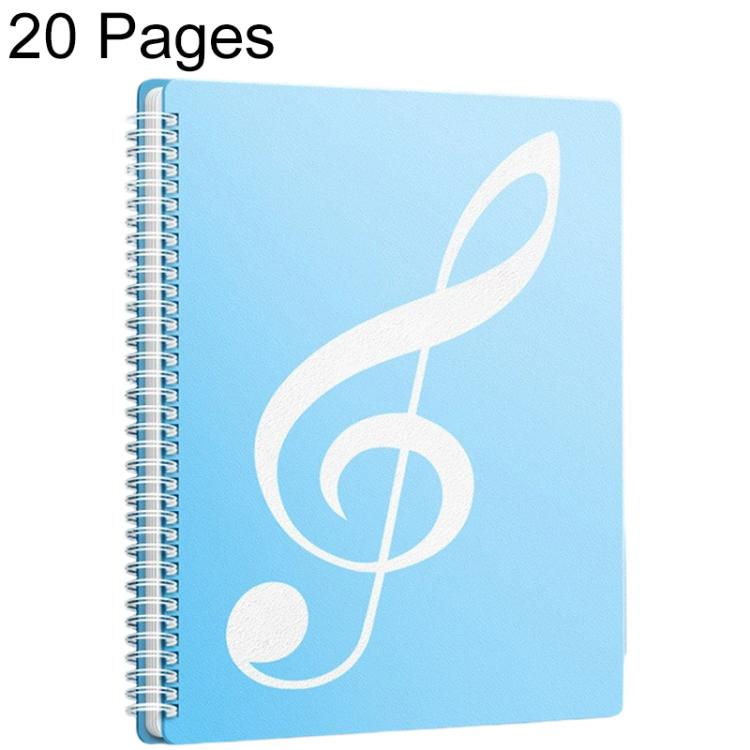 Blue piano music sheet binder folder with treble clef cover and spiral rings, 20 pages