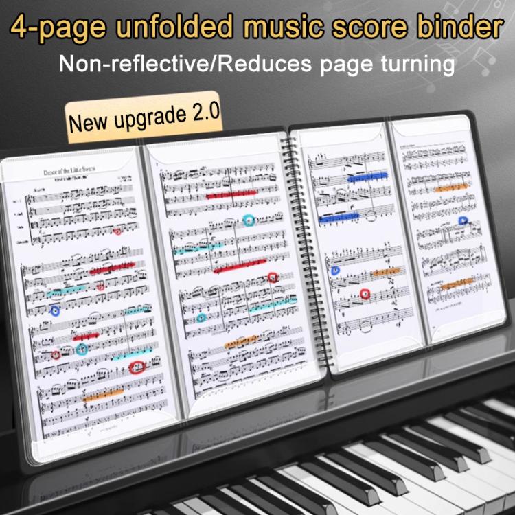 Piano music score binder opened, showing printed sheet music pages inside the folder