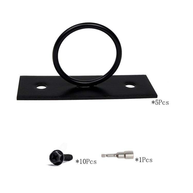 Black rope ring bracket with mounting plate, circular loop, and included screws, 5-pack