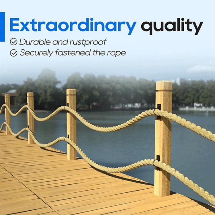 Rope fixing ring brackets on wooden posts with rope looped through the rings