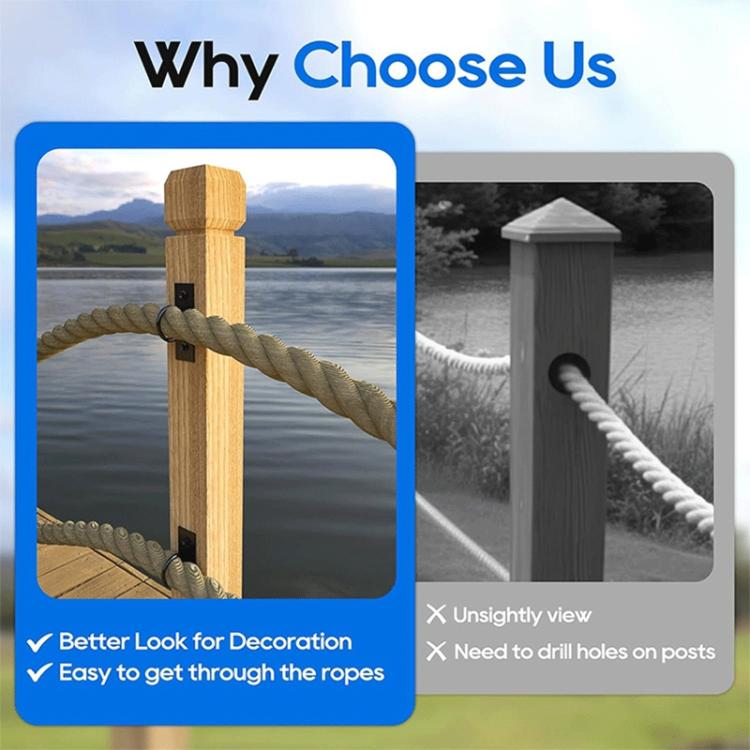 Rope ring bracket with circular loop and mounting plate on wooden post