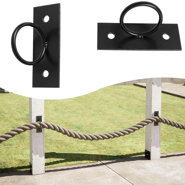 Black rope fixing ring bracket mounted to a post with circular loop for rope