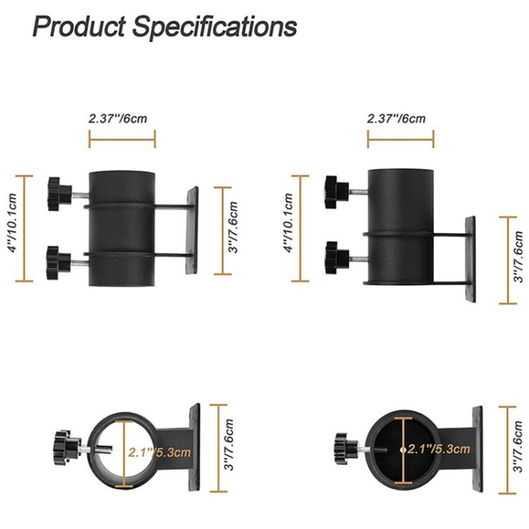 Umbrella holder mounting base diagram showing black bracket dimensions and clamp sizes