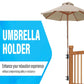 Umbrella holder mounting base with black clamps attached to wooden railing