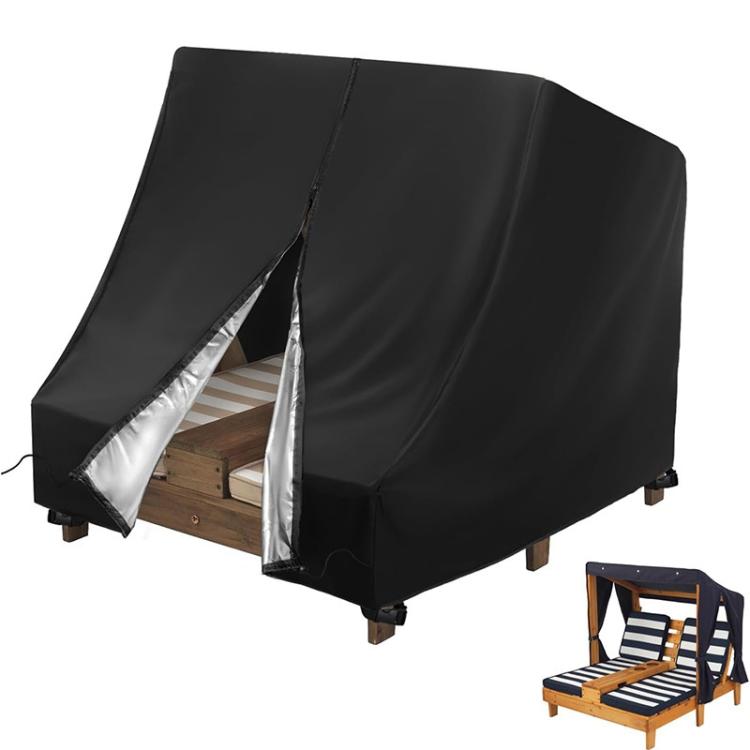 Black outdoor double chaise lounge cover with split front opening and side straps