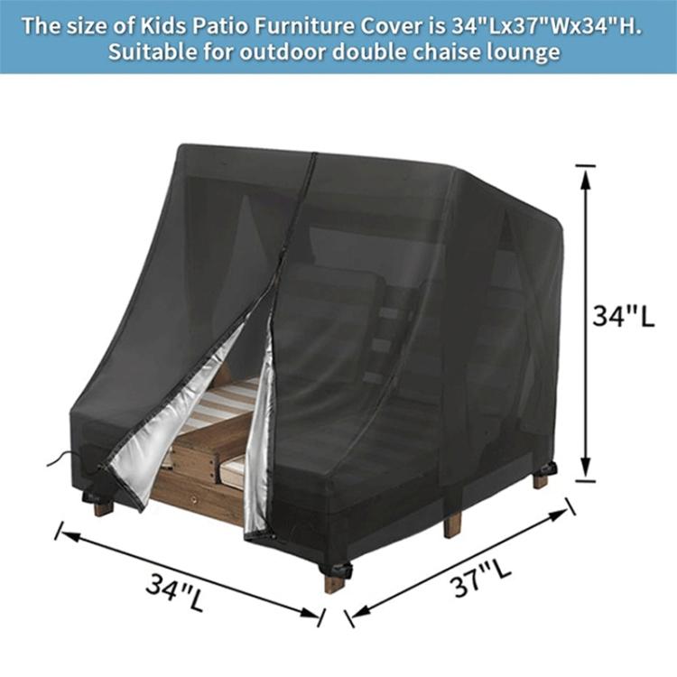Black chaise lounge furniture cover with size diagram and raised seat opening