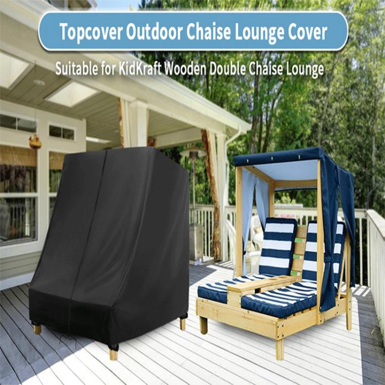 Black weatherproof double chaise lounge cover with full-length drape over chair