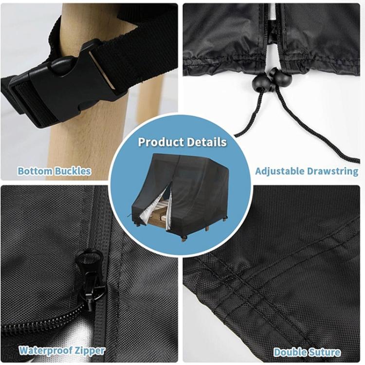 Black patio chaise lounge cover detail: adjustable drawstring, waterproof zipper, buckles