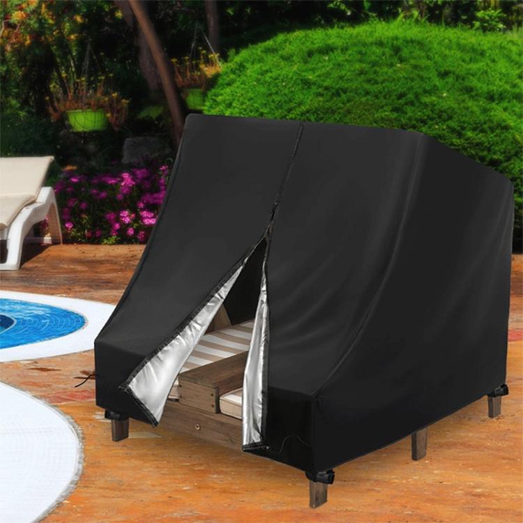 Black outdoor double chaise lounge cover with front flap and tie-down corners