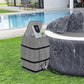 Gray spa heater pump cover with black straps beside an inflatable hot tub