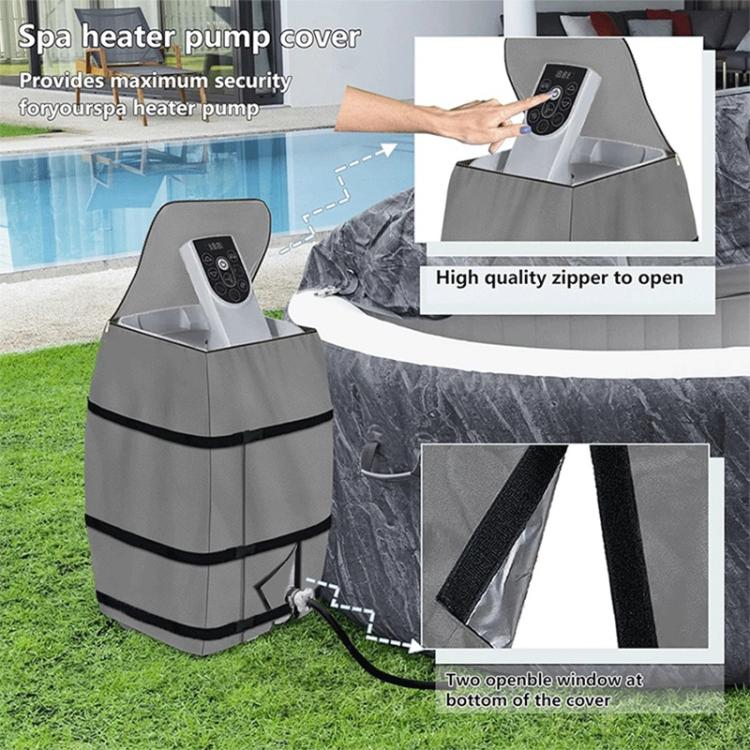 Gray spa heater pump cover with zipper opening and front pocket for the pump