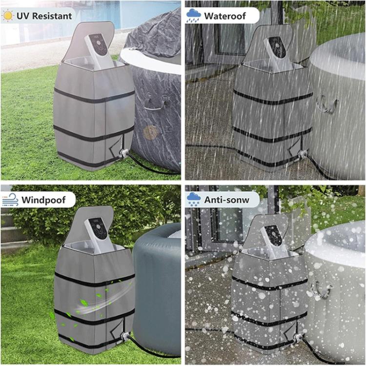 Gray spa heater pump cover with black straps and water-resistant protection droplets