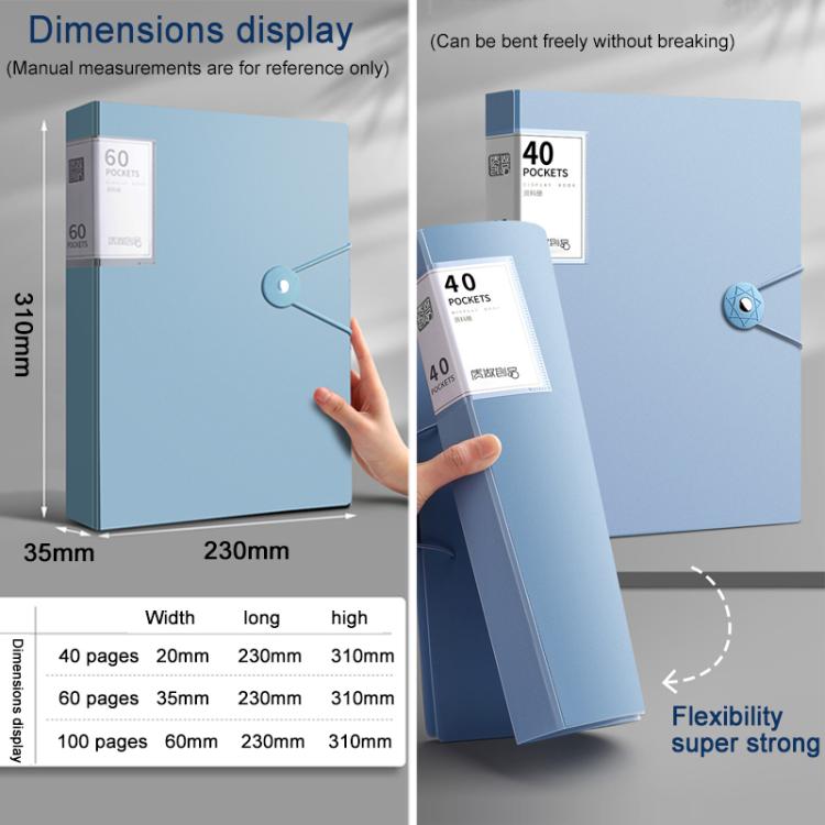 A4 Transparent Inner Pocket Document Storage Folder with Buckle, 20 Pockets, 30 Pockets, 40 Pockets, 60 Pockets, 100 Pockets