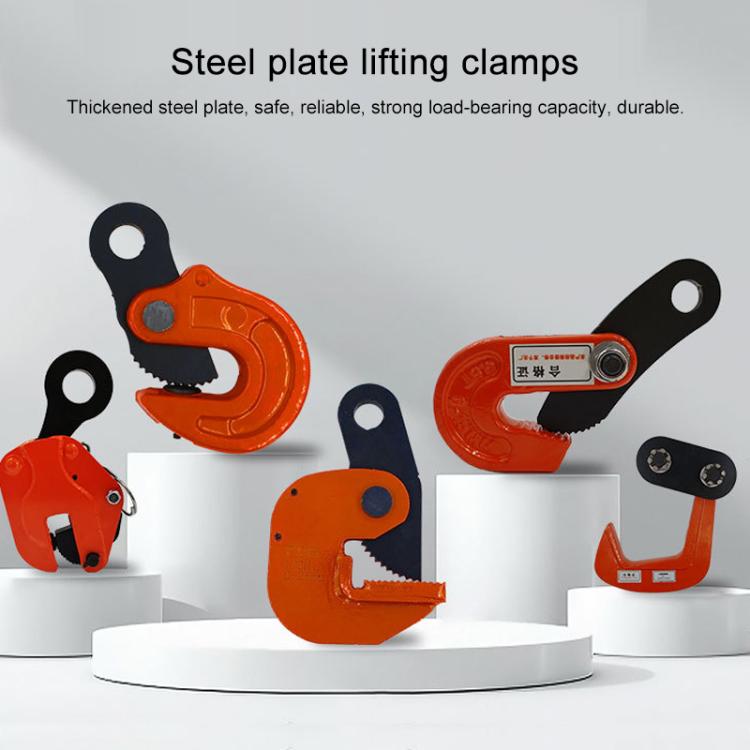 Set of steel plate lifting clamps, orange grips with black handles, various models
