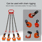Steel plate lifting clamps with chain rigging, orange clamps with black jaws
