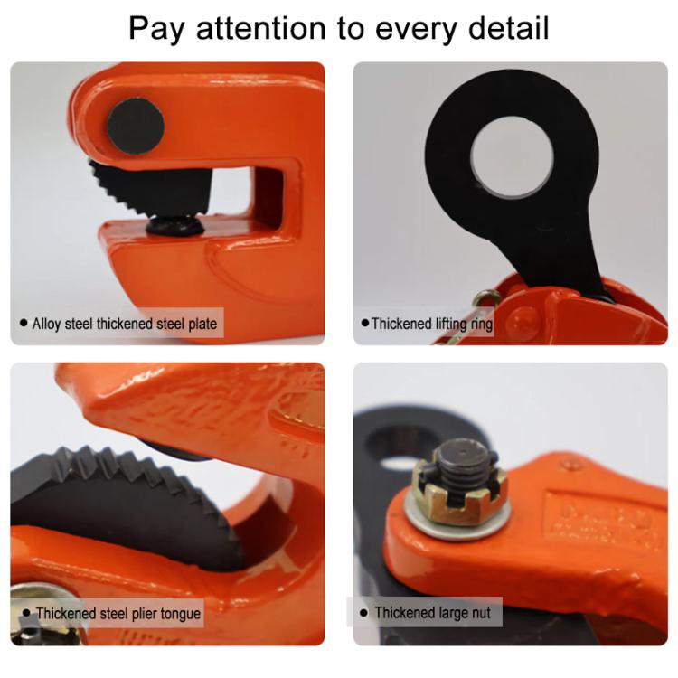 Steel plate lifting clamp detail view, orange jaw with thickened steel components