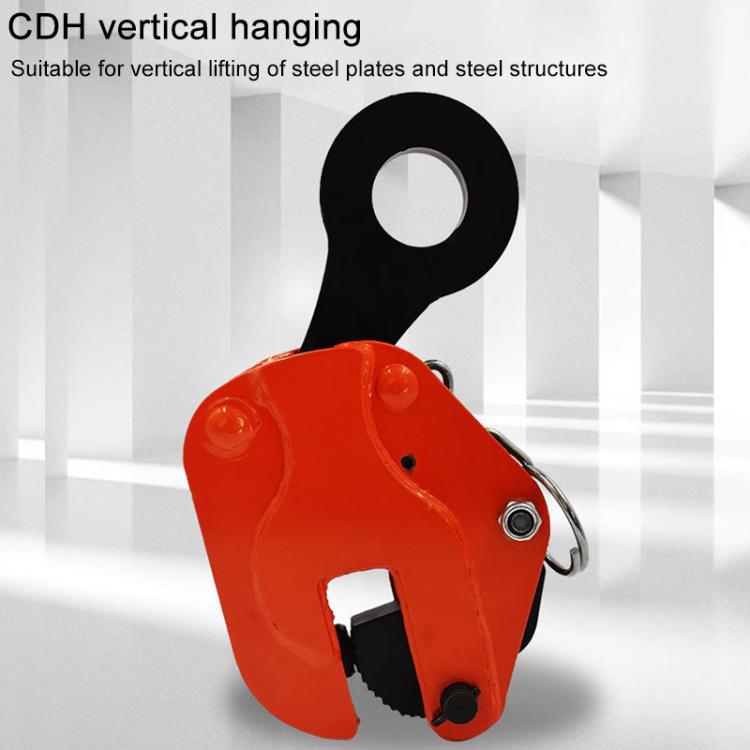 Steel plate lifting clamp for vertical hanging, orange body with black lifting ring