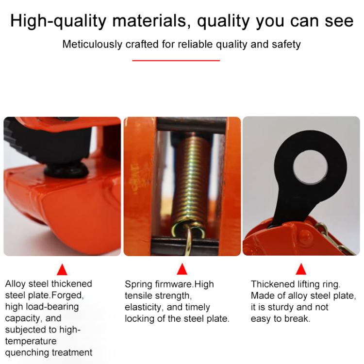 Steel plate lifting clamp material close-up, orange body with spring mechanism and ring