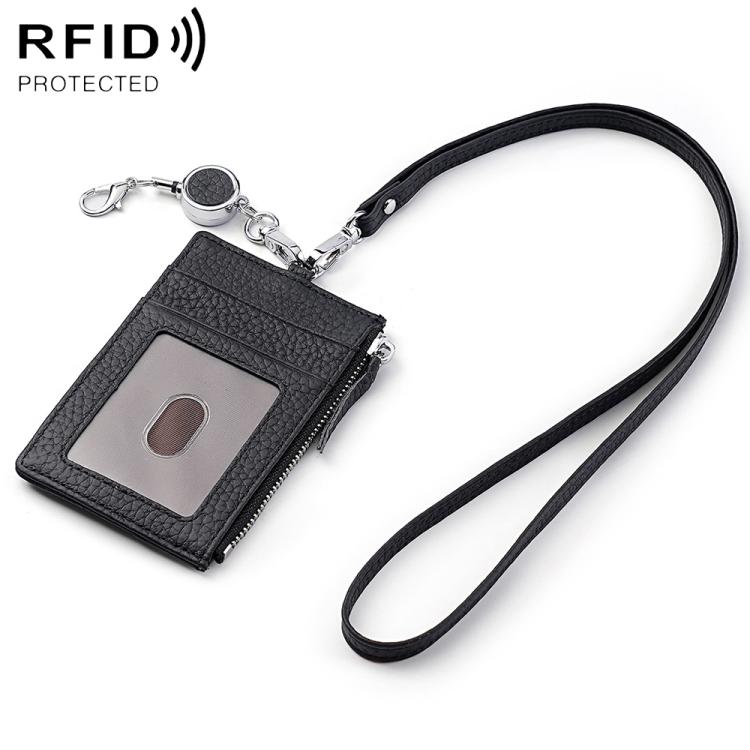 Black genuine leather RFID card bag with lanyard, front card slot, zipper closure.