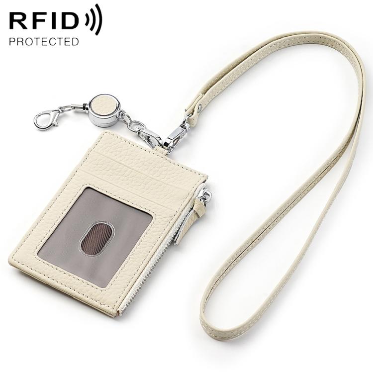 Beige genuine leather RFID card bag with lanyard, front card slot, zipper closure.