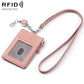 Pink genuine leather RFID card bag with lanyard, front card slot, zipper closure.