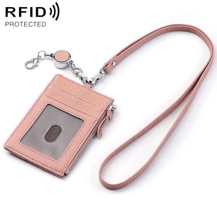 Pink genuine leather RFID card bag with lanyard, front card slot, zipper closure.