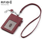Wine red genuine leather RFID card bag with lanyard, front card slot, zipper closure.