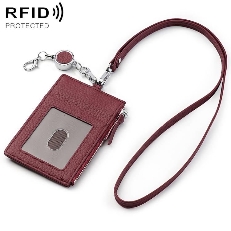 Wine red genuine leather RFID card bag with lanyard, front card slot, zipper closure.