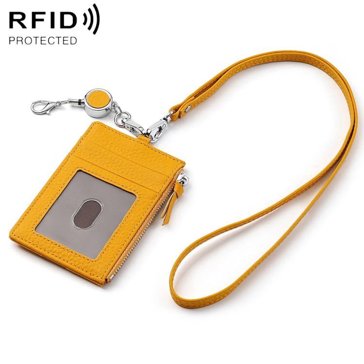 Yellow genuine leather RFID card bag with lanyard, front card slot, zipper closure.