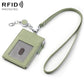 Light green genuine leather RFID card bag with lanyard, front card slot, zipper closure.