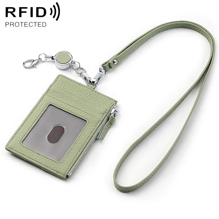 Light green genuine leather RFID card bag with lanyard, front card slot, zipper closure.