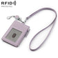 Lavender genuine leather RFID card bag with lanyard, front card slot, zipper closure.