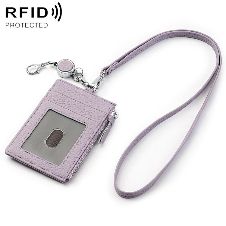 Lavender genuine leather RFID card bag with lanyard, front card slot, zipper closure.