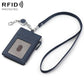 Dark blue genuine leather RFID card bag with lanyard, front card slot, zipper closure.