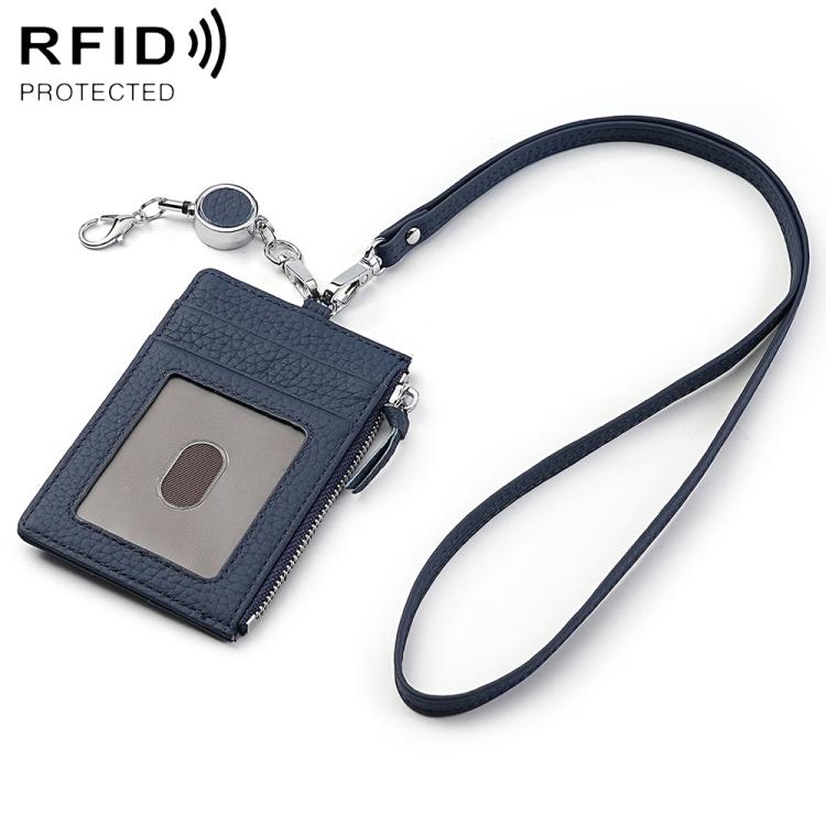 Dark blue genuine leather RFID card bag with lanyard, front card slot, zipper closure.