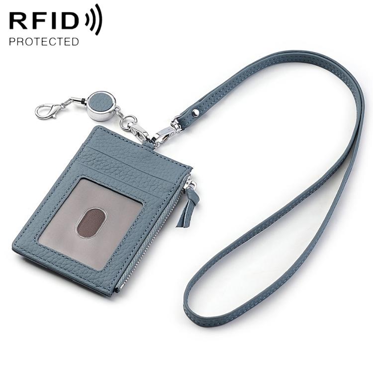Grey blue genuine leather RFID card bag with lanyard, front card slot, zipper closure.