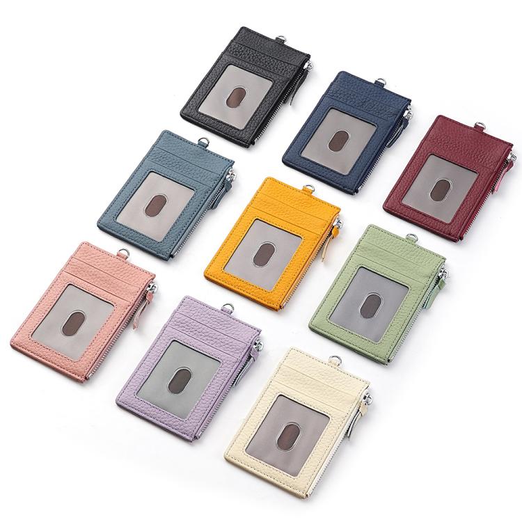 Assorted genuine leather RFID card bags with lanyards and front card slots in multiple colors.