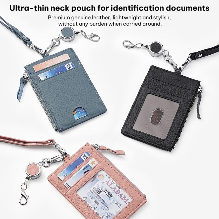 Genuine leather RFID card holder with zip top, front card window, neck lanyard