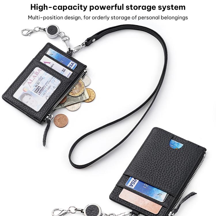 Genuine leather RFID card holder with zip closure and front card window, lanyard