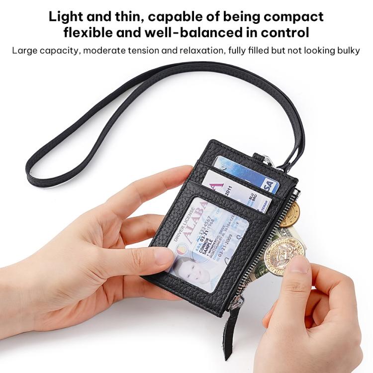 Genuine leather RFID card holder with zip top and card window, slim neck lanyard
