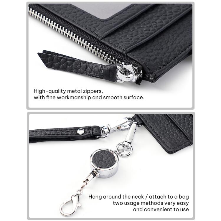 Black leather RFID card holder with metal zipper and snap key ring lanyard