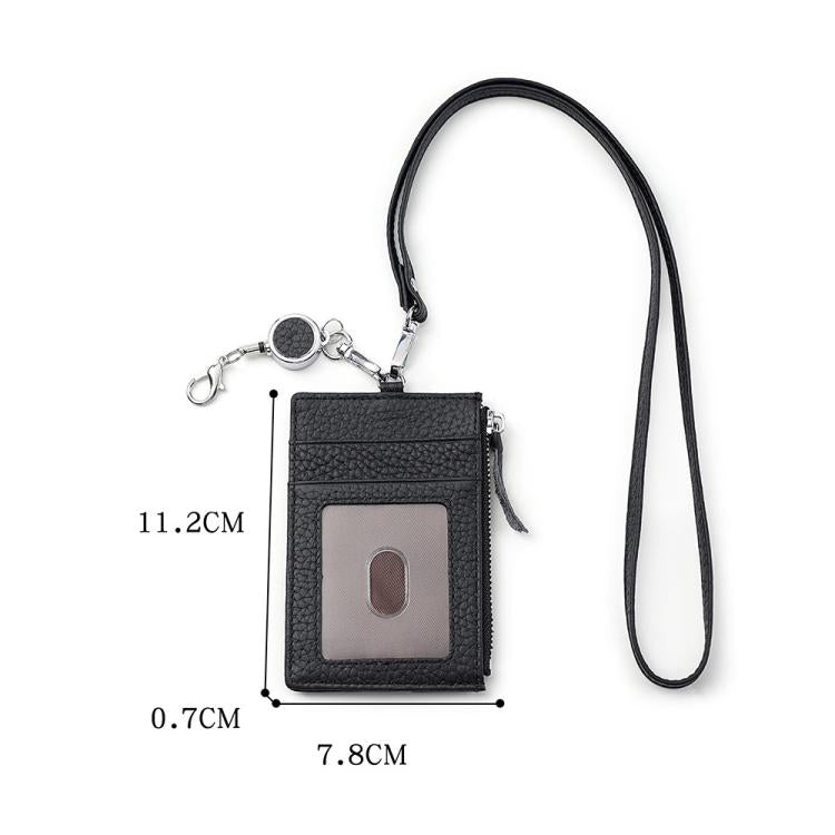 Black genuine leather RFID card holder with front window and neck lanyard strap