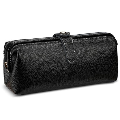 Genuine leather makeup tool storage bag, black, zip top with carry handle loop