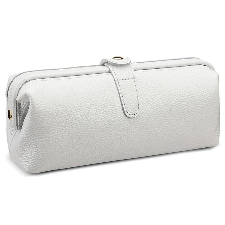 Genuine leather makeup tool storage bag, white, zip top with carry handle loop