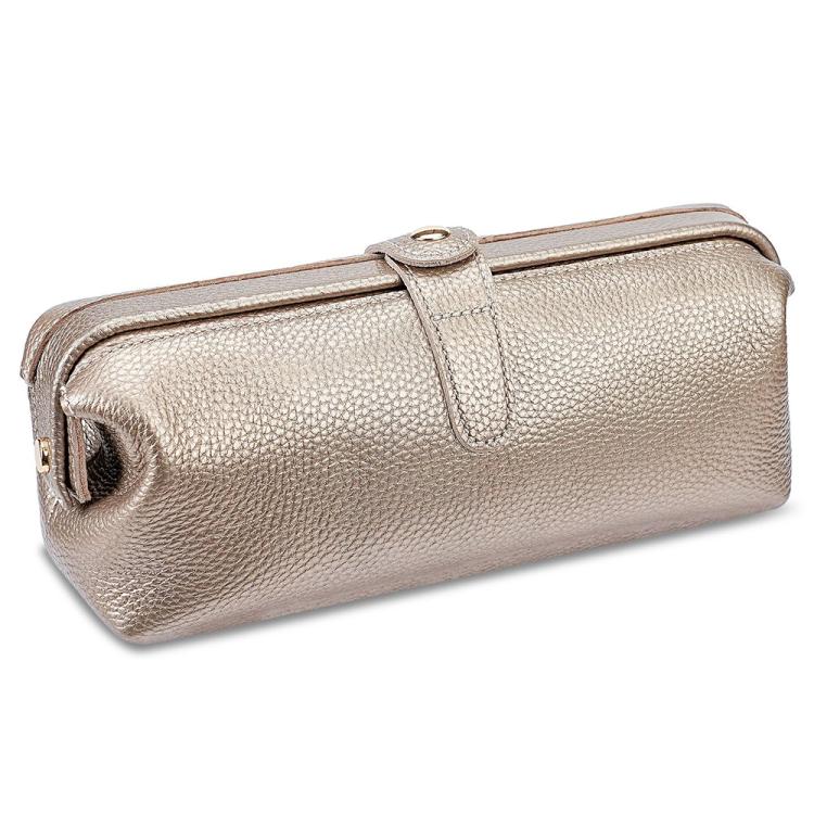Genuine leather makeup tool storage bag, champagne, zip top with carry handle loop