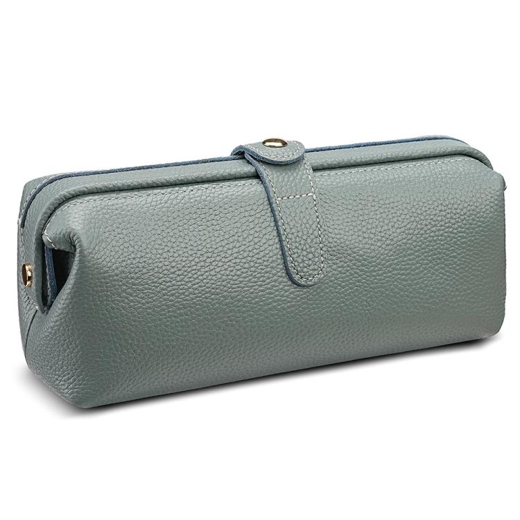 Genuine leather makeup tool storage bag, sage green, zip top with carry handle loop