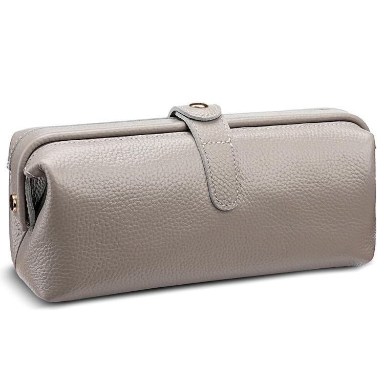 Genuine leather makeup tool storage bag, light gray, zip top with carry handle loop